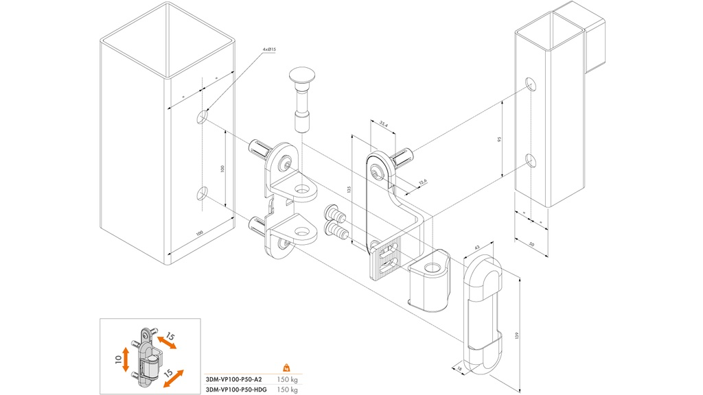 Locinox Hot Dip Stainless Steel 3 way Adjustable Hinge - Pair.webp