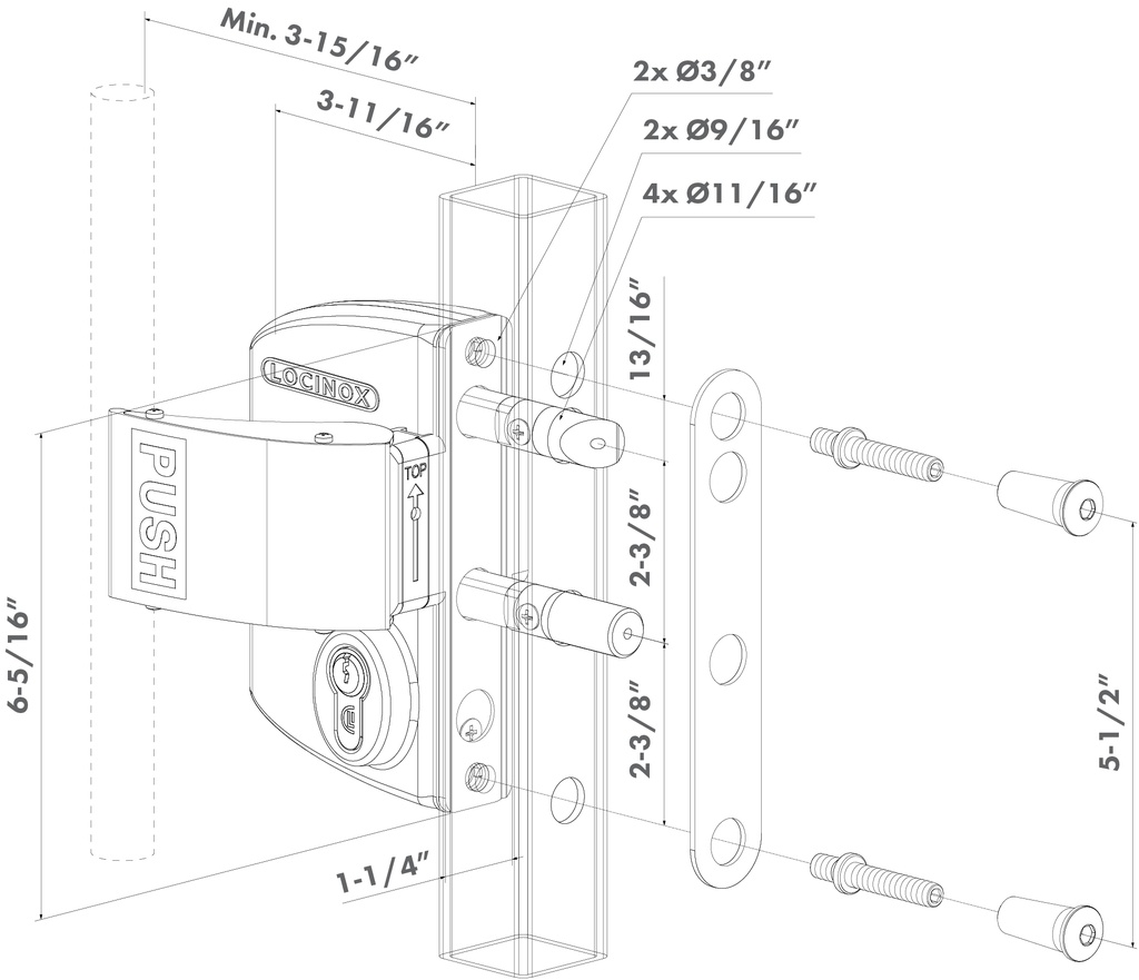 Locinox Industrial Anti Panic Swing Gate Lock U2 for Square tube 40-60mm profile-with Push set.webp