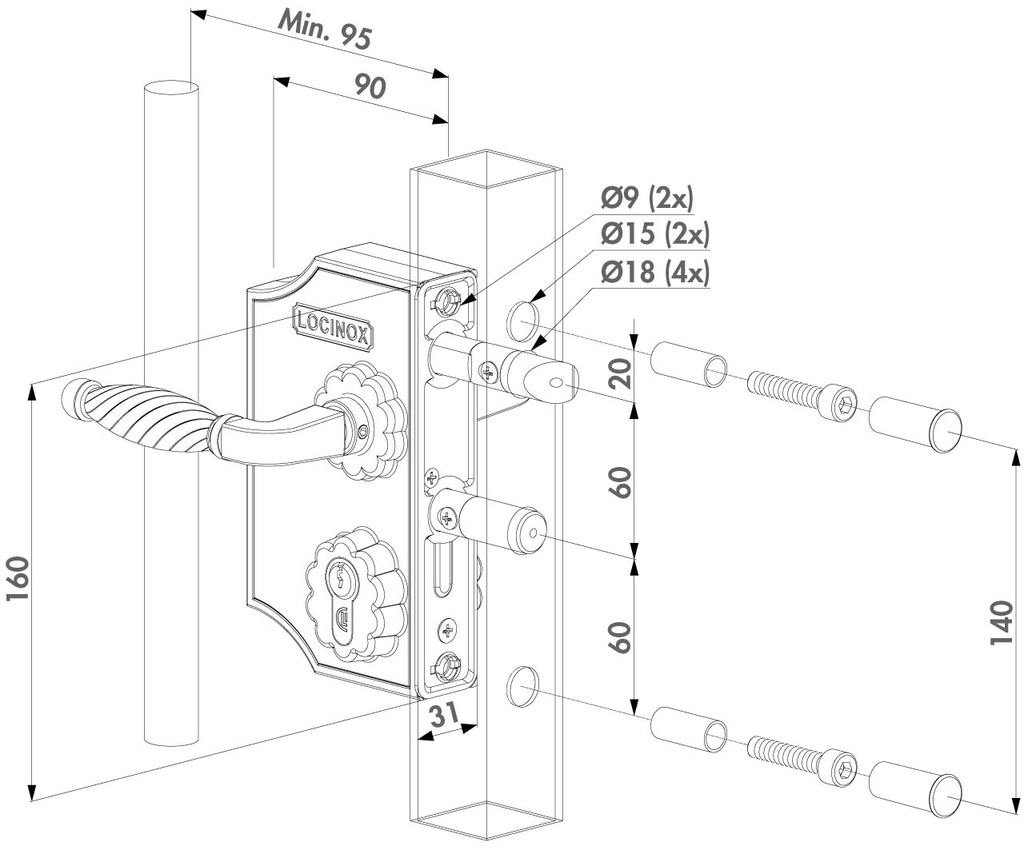 Locinox Large Ornamental Lock H2 Square profile adjustable 40-60mm.webp