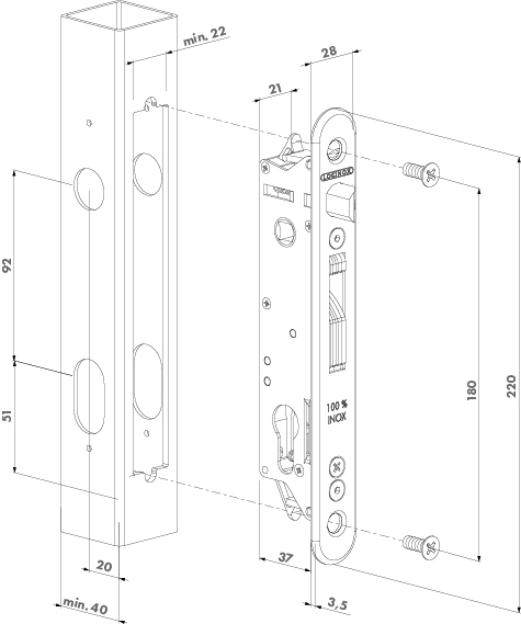 FORTY inframe Swing Gate Lock 20 MM BACKSET FOR 40 MM - Black Colour Complete Kit.webp